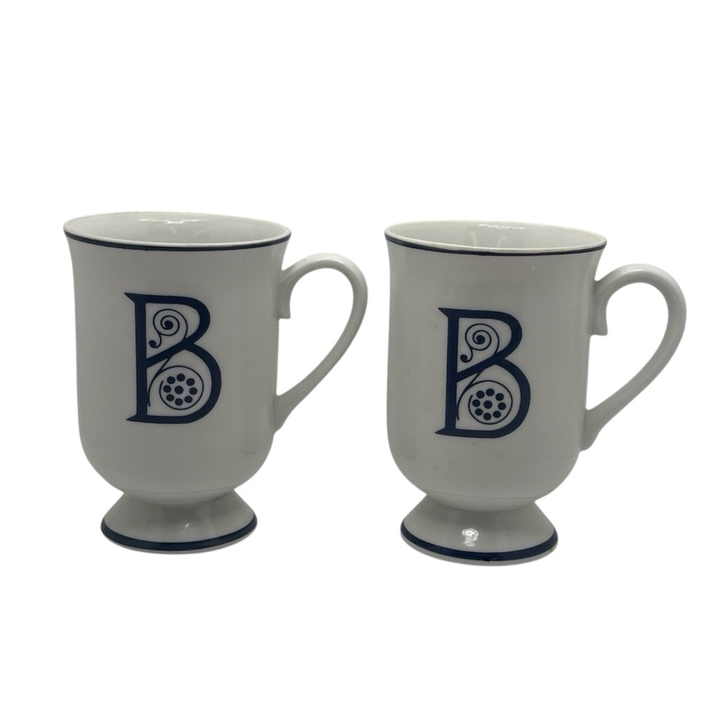 Vintage Japan HH Footed Pedestal Coffee Mugs Cup Initial B Set of 2 White Blue
